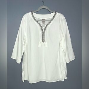 Chicos 3 Tunic Blouse‎ Womens XL White Beaded Tassel Tie Boho Top Beach Coastal